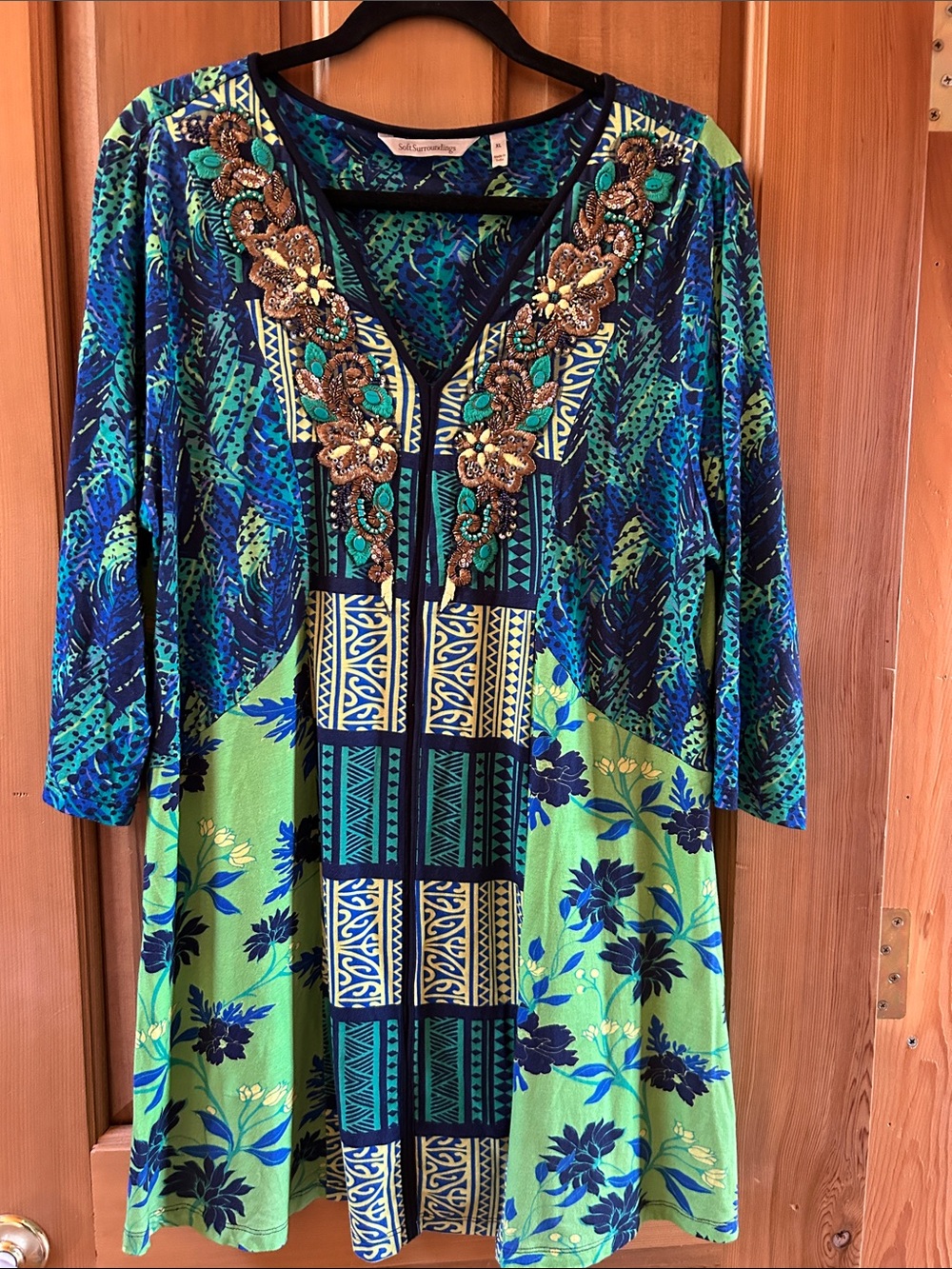 Soft Surroundings Blue & Green Embroidered V-Neck Tunic